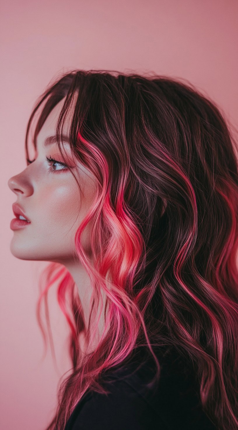 A side profile of a woman with wavy brown hair featuring vibrant magenta streaks framing her face.