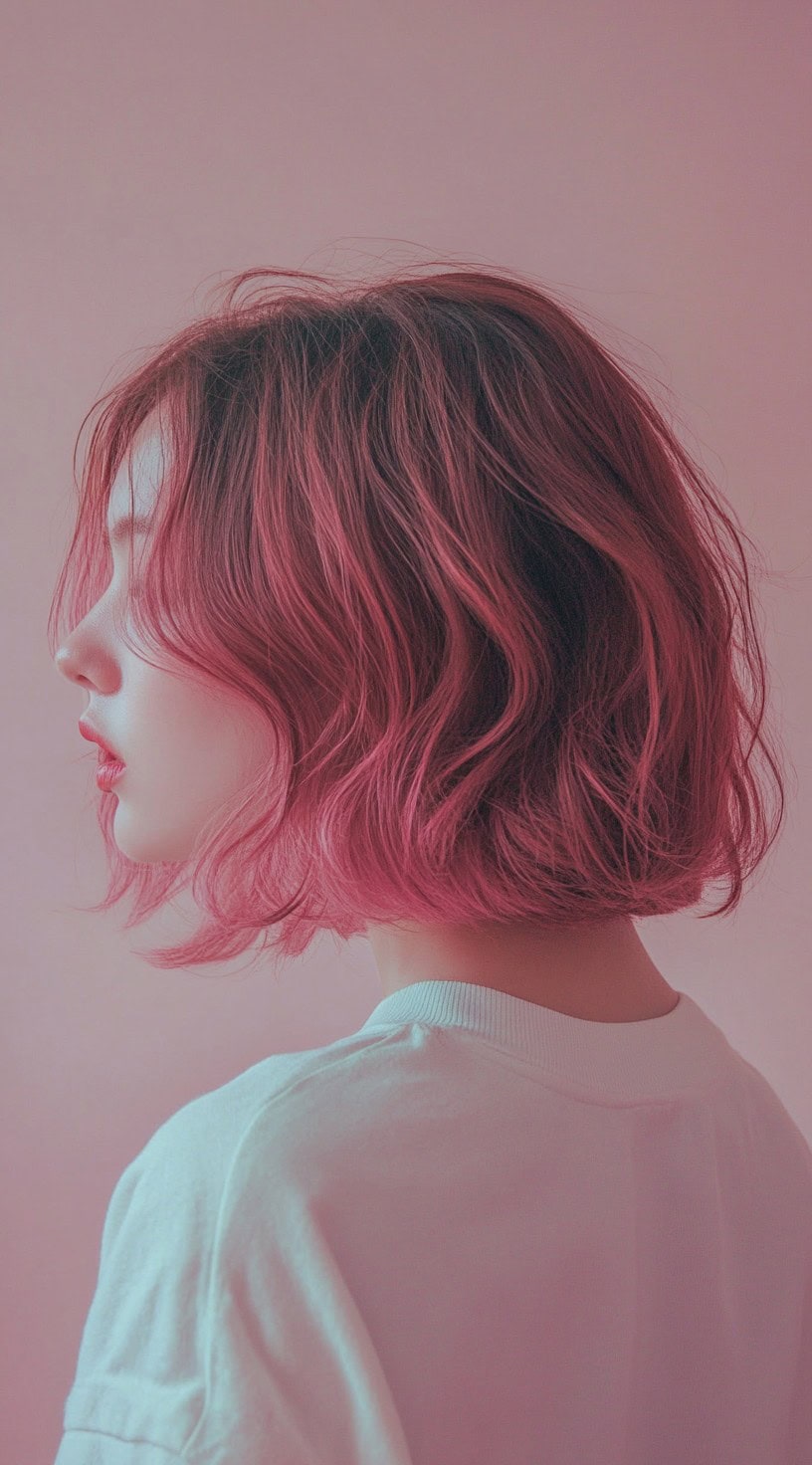 A side view of a chin-length bob with pink highlights on wavy brown hair.