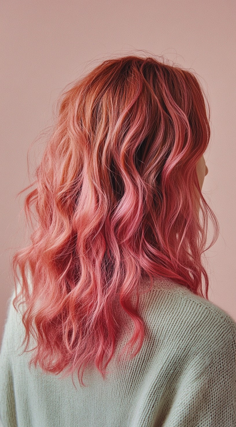 A side view of tousled waves with coral pink highlights running through medium-length brown hair.