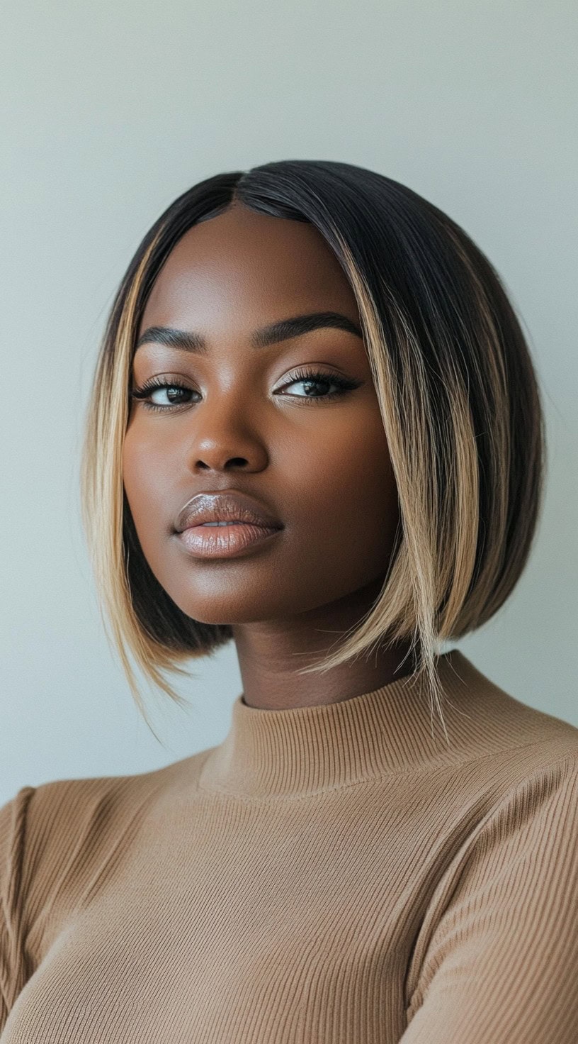 A sleek, polished bob with soft blonde highlights framing the face, giving a chic and professional appearance.