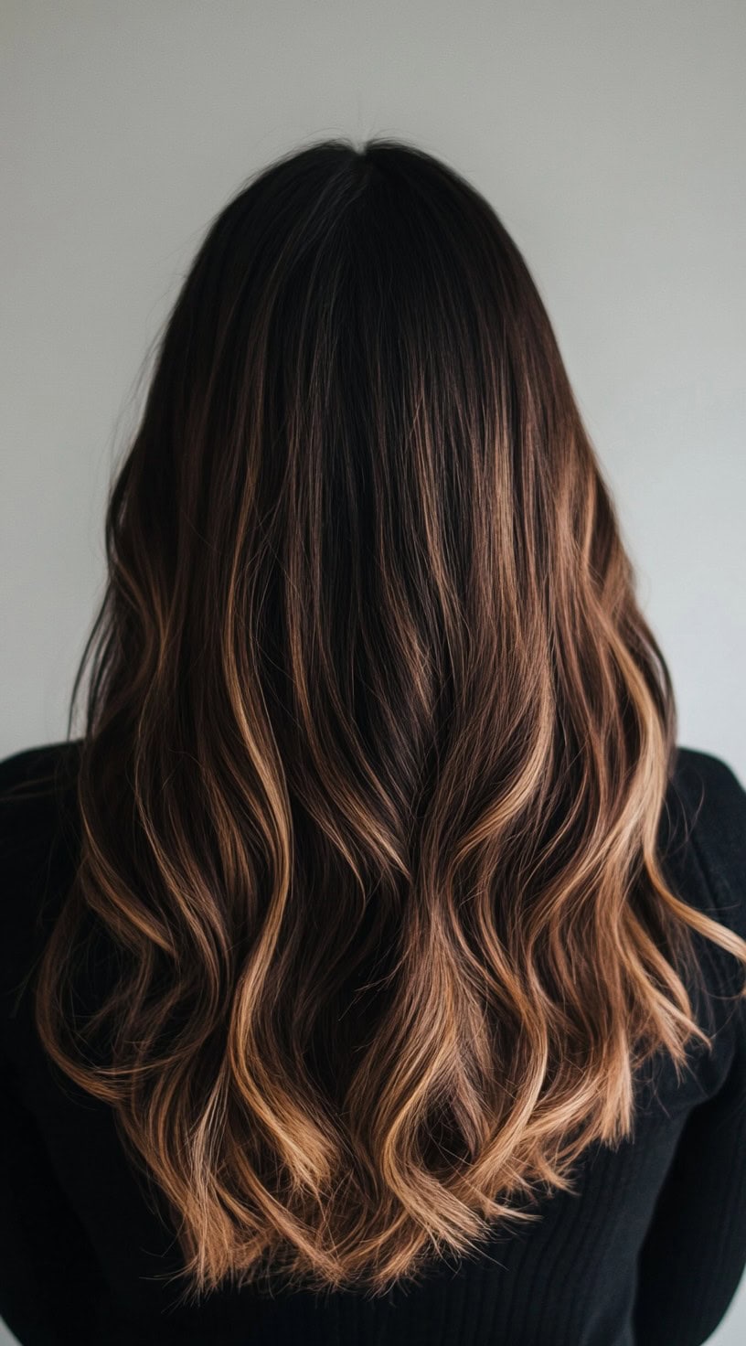 A soft honey brown balayage on long wavy hair with subtle curls.