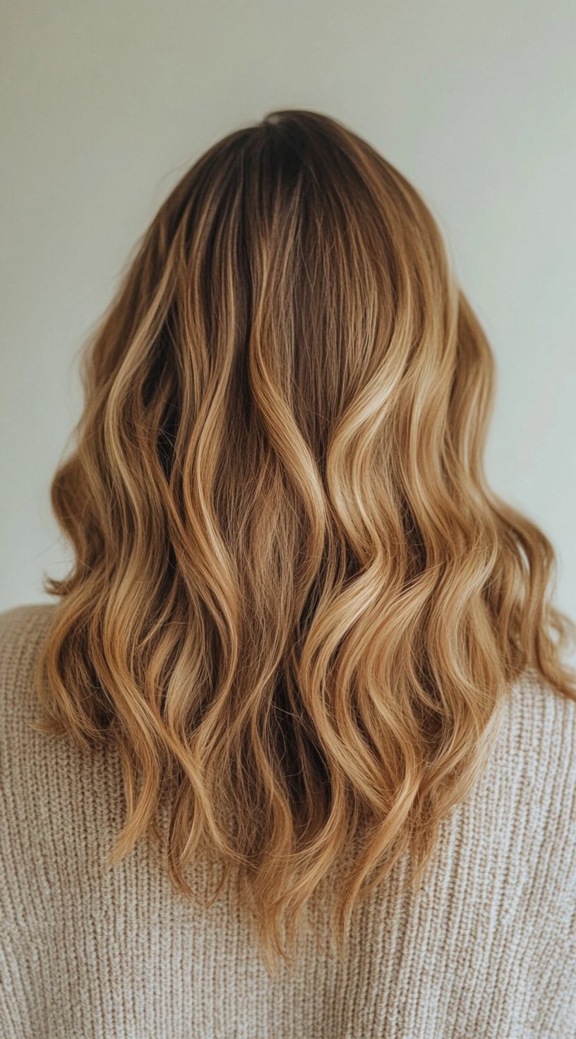 A soft honey brown balayage on voluminous waves with natural movement.