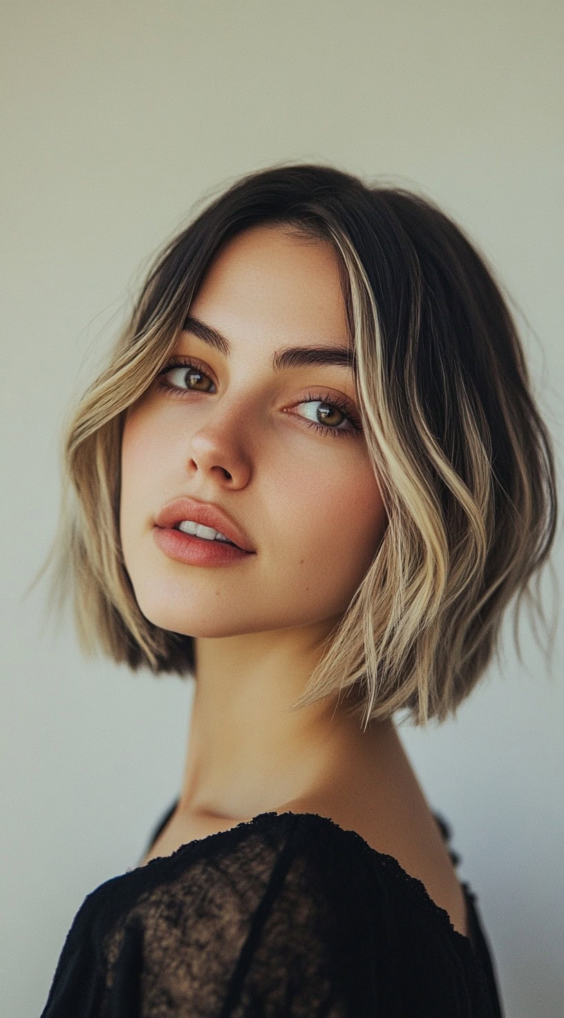 A textured bob with soft waves and a darker shadow root, blending naturally into blonde highlights.