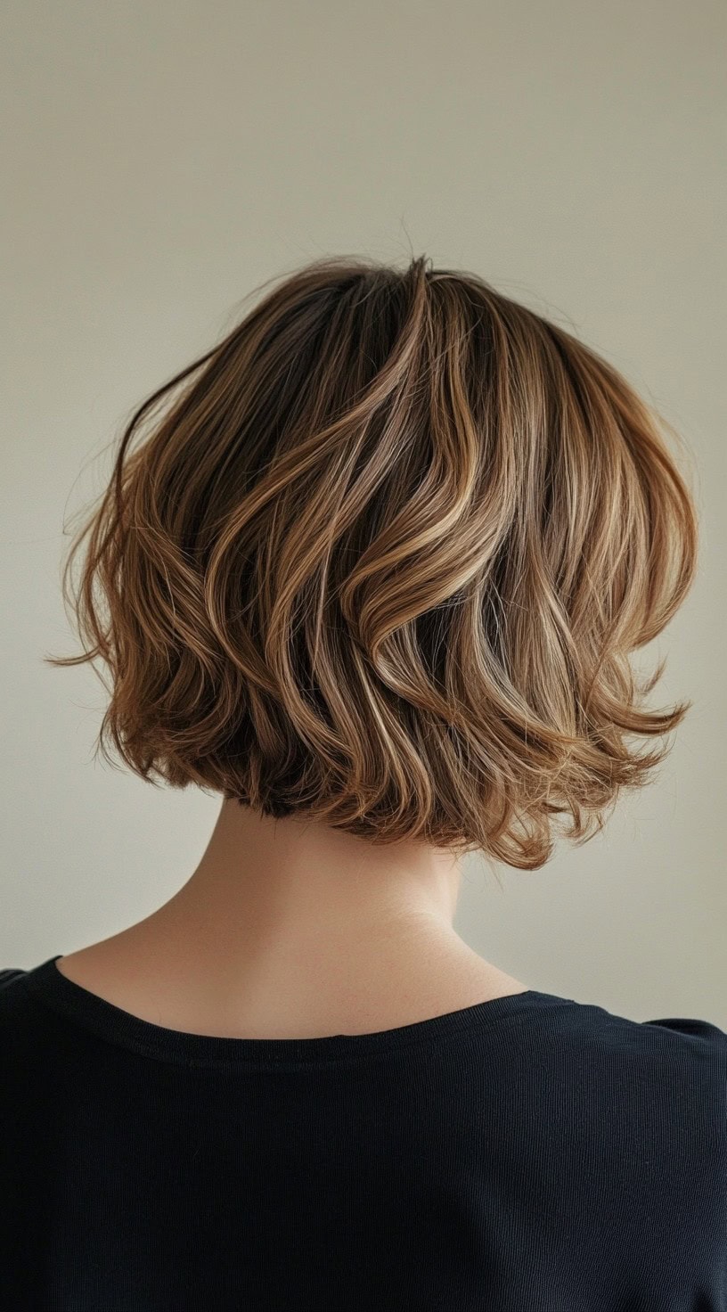 A tousled honey brown balayage on a short bob with soft, loose waves.