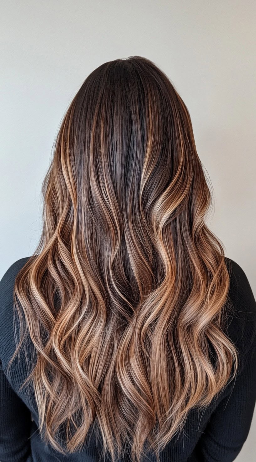 A warm honey brown balayage with soft curls flowing through the hair.