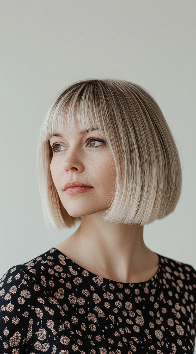 A woman with a blonde bob and blunt bangs, styled with a soft, full fringe.