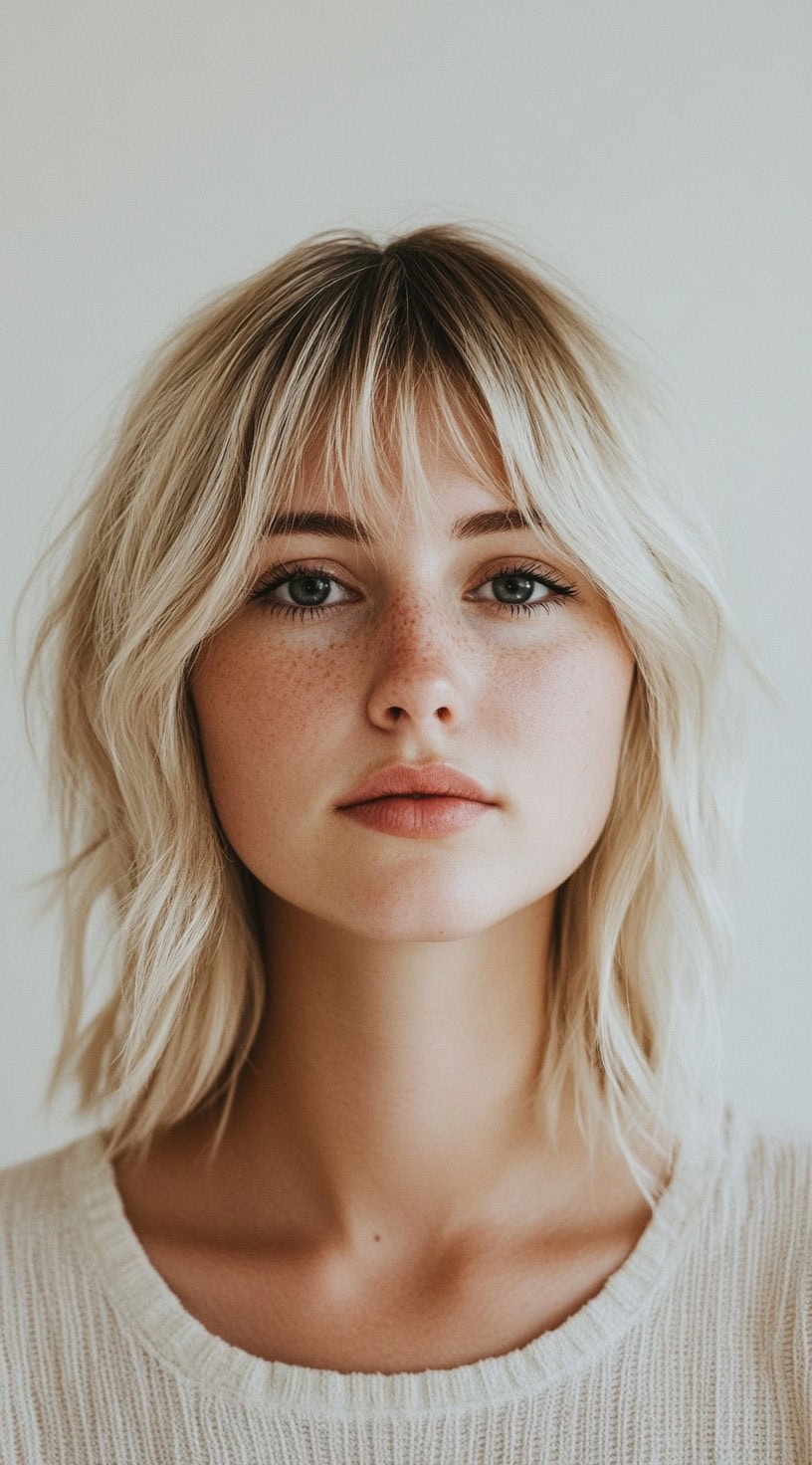 A woman with a blonde, shaggy bob and wispy bangs is shown.