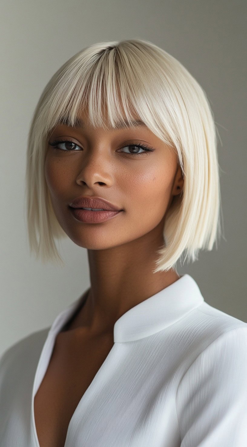 A woman with a blunt, platinum blonde bob and straight-across fringe.