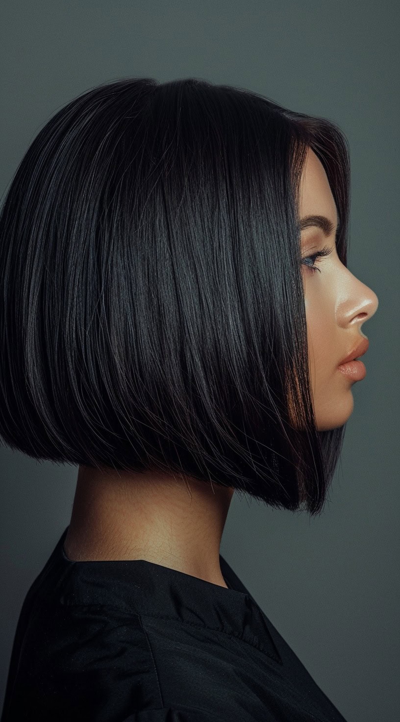 A woman with a classic stacked bob hairstyle is depicted in the photo, highlighting its smooth and sleek finish.