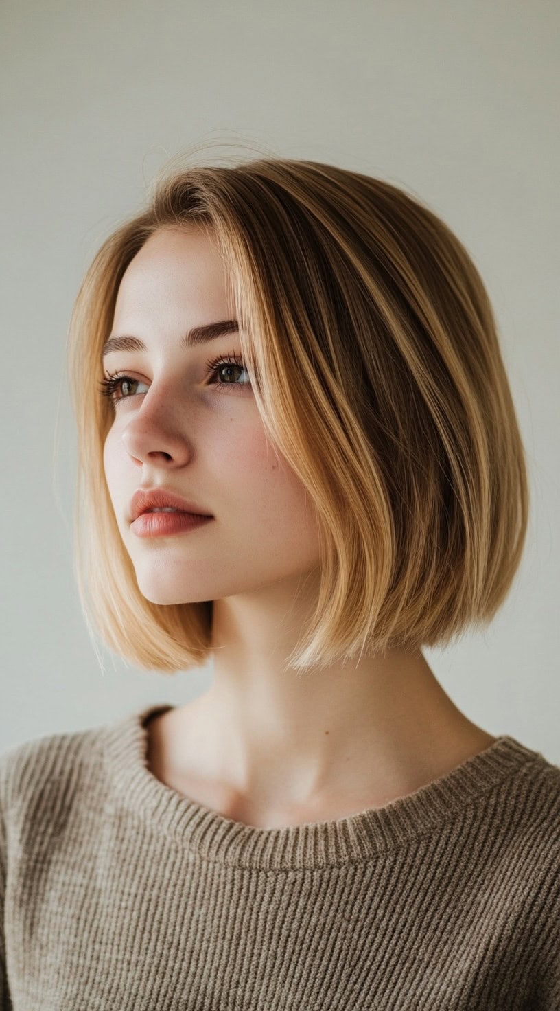 A woman with a classic, straight blonde bob with smooth, blunt ends.