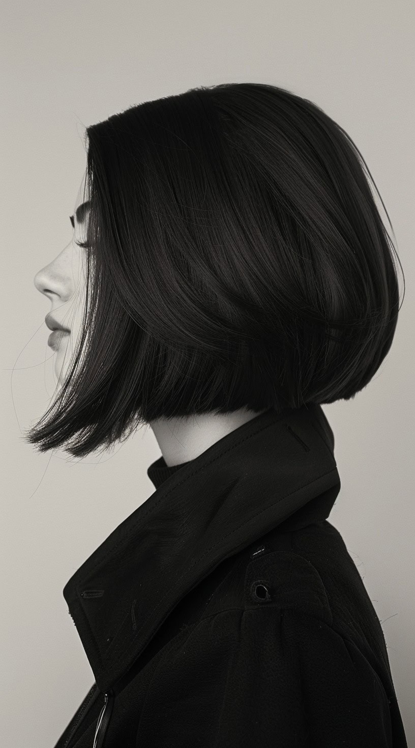 A woman with a disconnected stacked bob hairstyle is shown, featuring uneven layers that create a unique, edgy look.