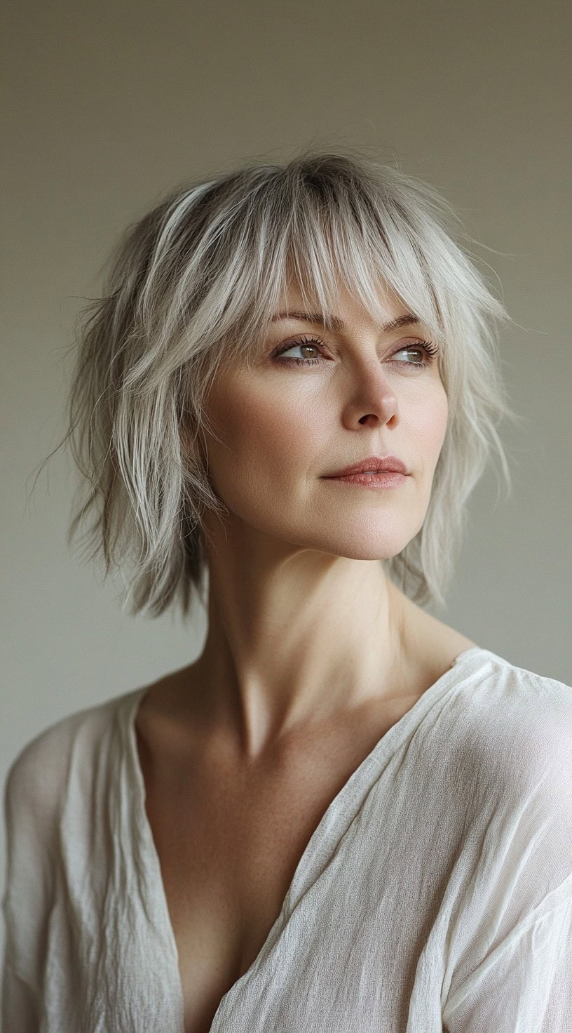 A woman with a feathered bob and bangs, styled with a soft, airy texture for a casual yet refined appearance.