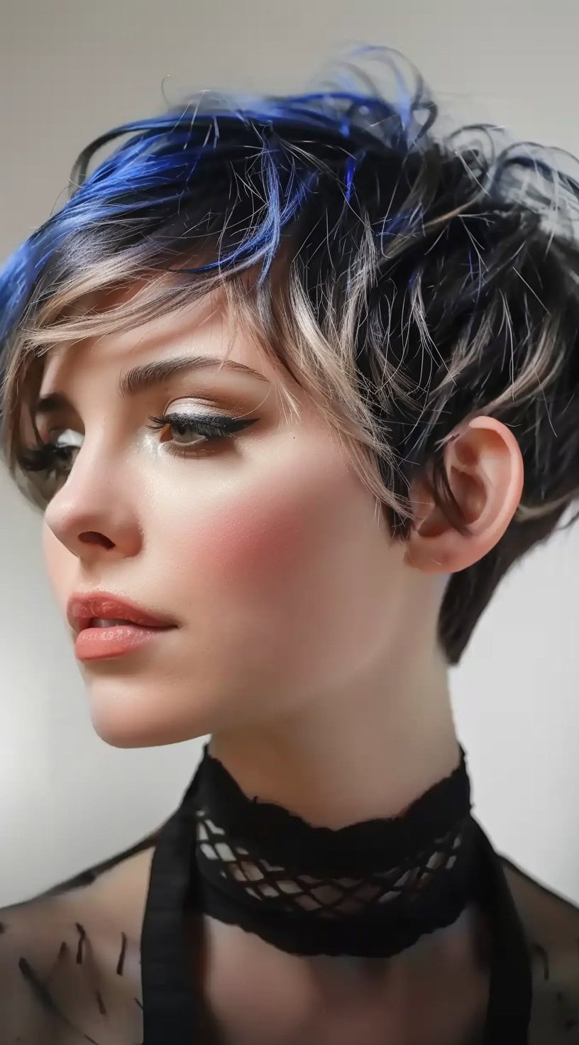 A woman with a pixie cut has blue and silver highlights throughout her dark hair, adding a striking contrast.