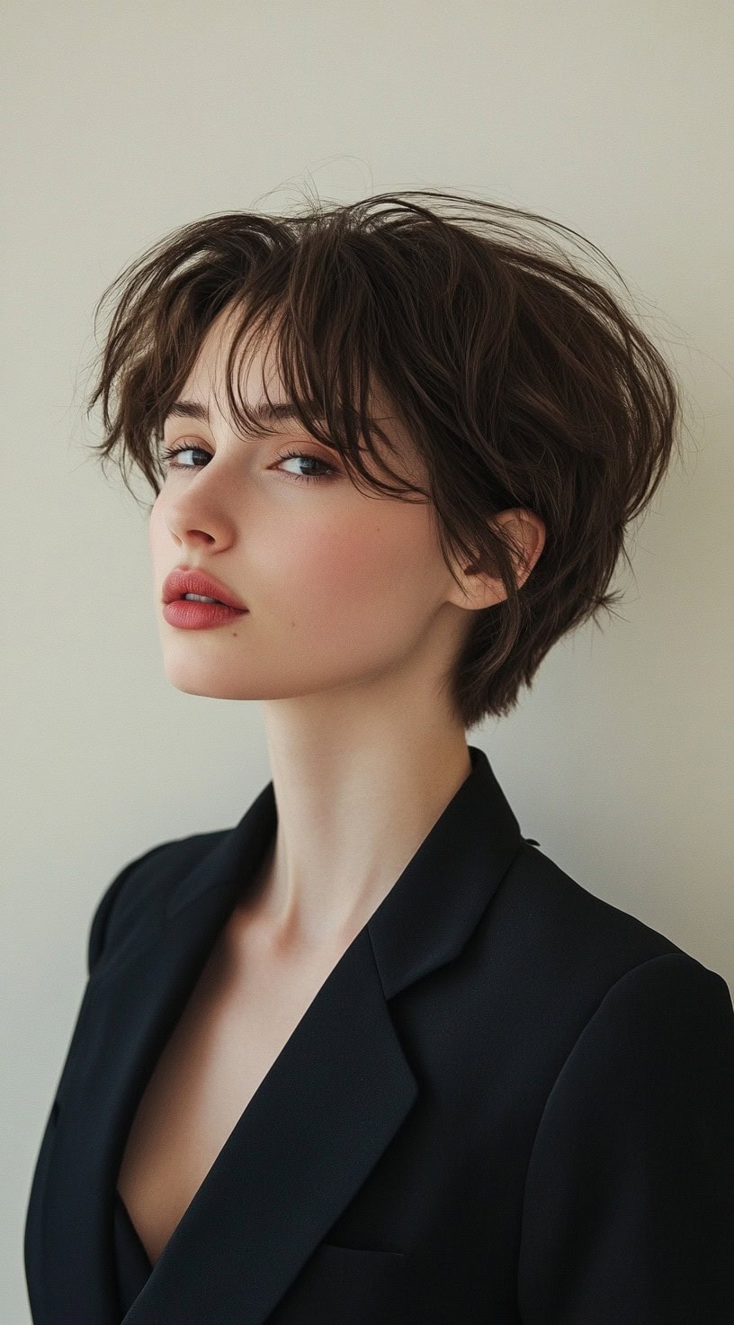 A woman with a shaggy textured bob with wispy layers, wearing a black blazer, exuding a relaxed and chic vibe.