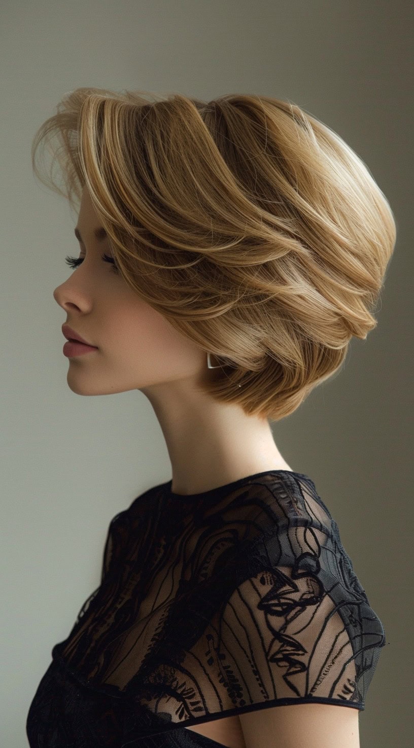 A woman with a short feathered stacked bob hairstyle is depicted in the photo, highlighting its light and airy layers.