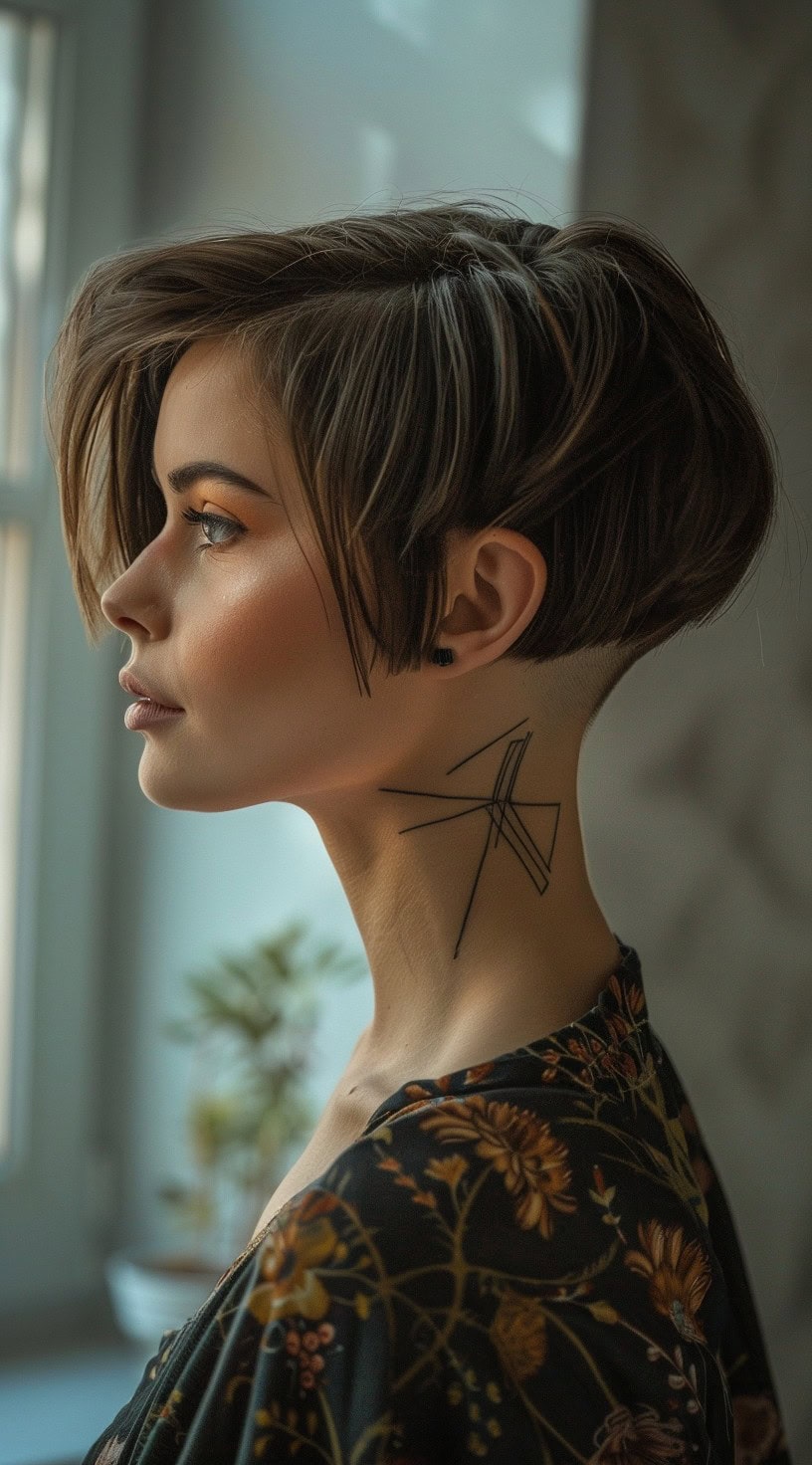 A woman with a short stacked bob hairstyle featuring an undercut is shown in the photo.