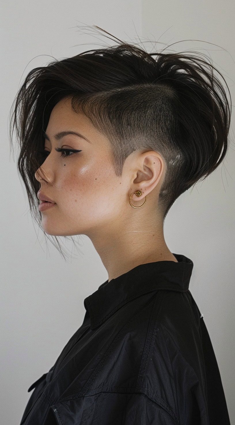 A woman with a short stacked bob hairstyle featuring a fade undercut on one side is showcased in the photo.