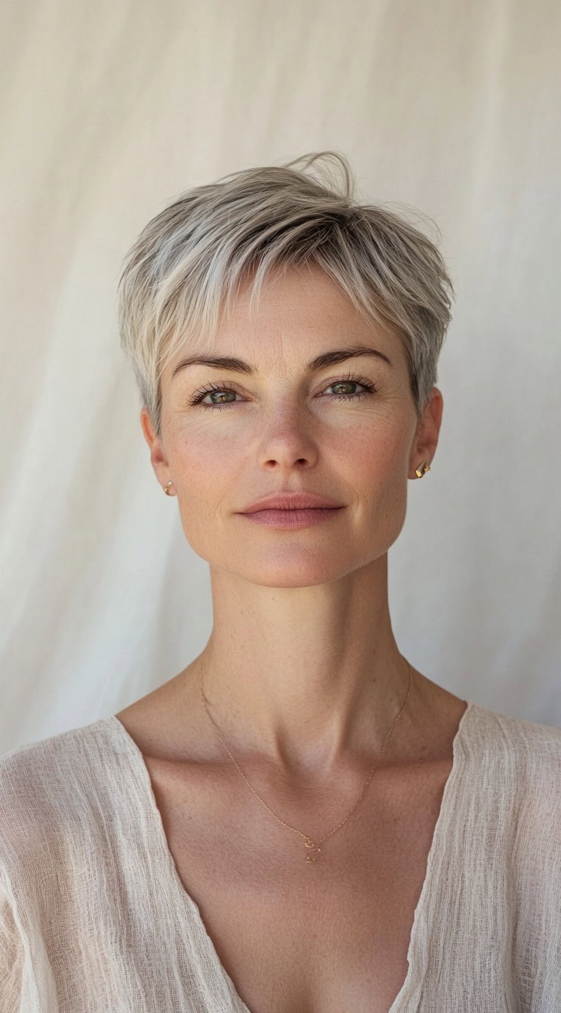 A woman with a short textured pixie cut, styled with layers for a chic and modern finish.