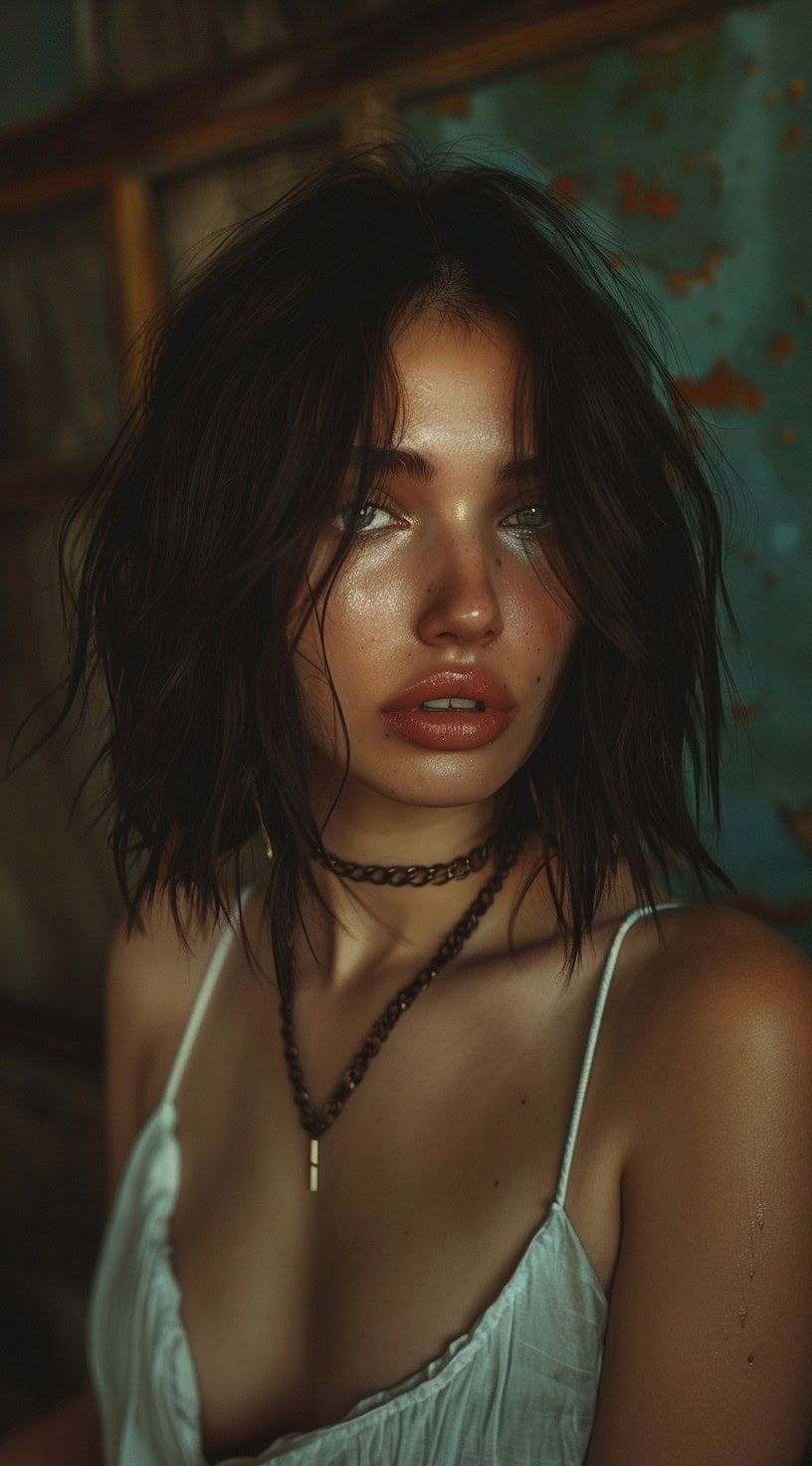 A woman with a shoulder-length, shaggy textured lob gazes intently into the camera.