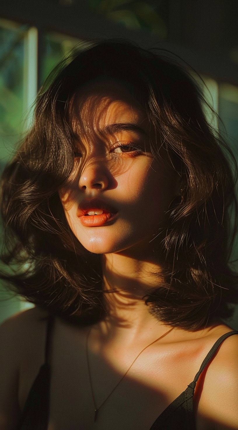 A woman with a shoulder-length, wavy lob that has soft layers, standing in a warmly lit room, partially in shadow.