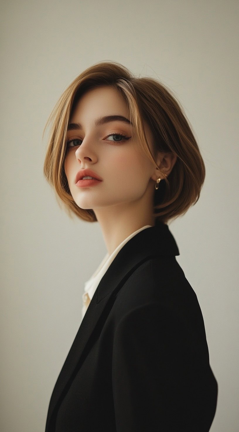 A woman with a sleek blunt bob with a side part, wearing a black blazer, showing a polished and sophisticated style.