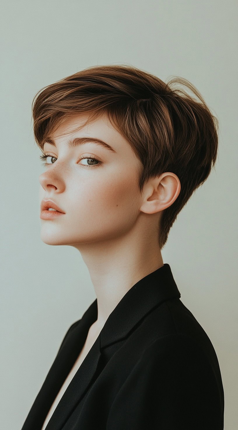 A woman with a sleek chestnut brown pixie cut, wearing a black blazer, showcasing a minimalist and refined look.