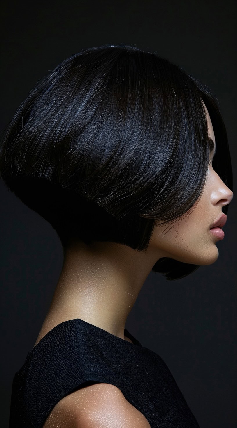 A woman with a sleek, inverted stacked bob hairstyle is depicted in the photo, showcasing its smooth lines and elegant finish.