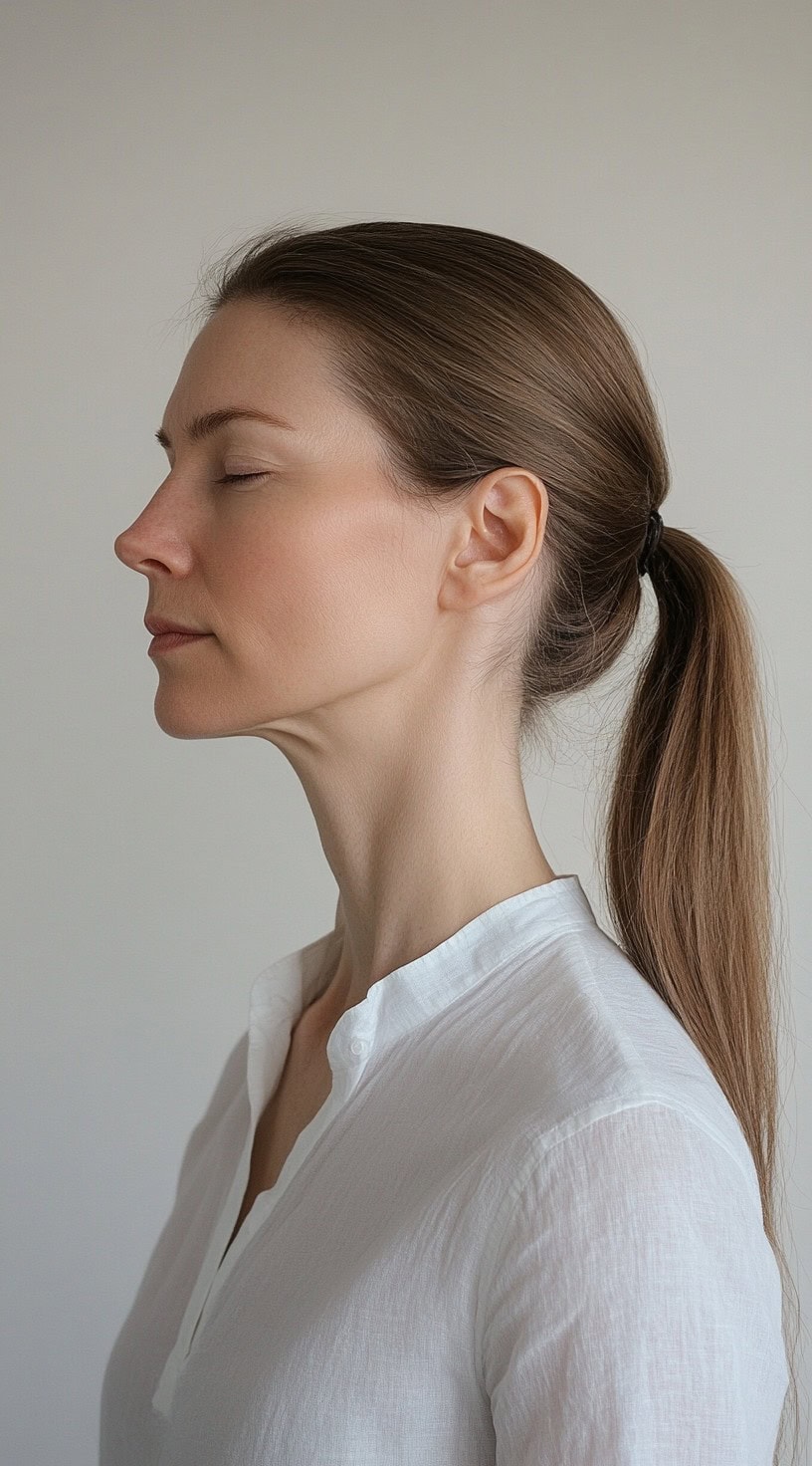 A woman with a sleek low ponytail, neatly tied at the nape, showcasing simplicity and elegance.