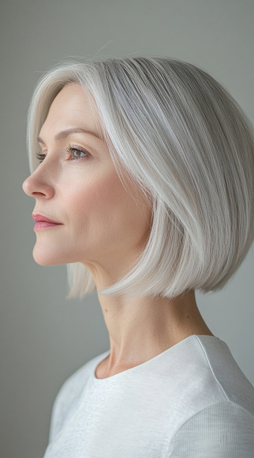 A woman with a sleek platinum bob, cut to chin length and styled for a glossy, polished finish.