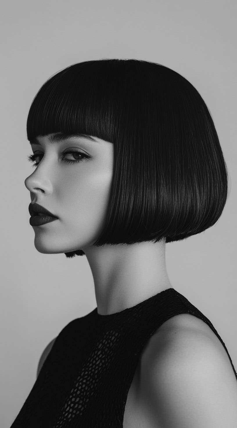 A woman with a sleek precision bob with blunt bangs, wearing a black dress, presenting a bold and modern look.