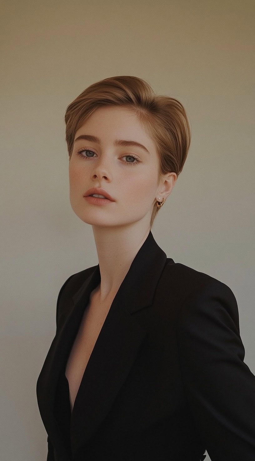 A woman with a sleek short crop with tapered sides, wearing a black blazer, presenting a clean and polished look.