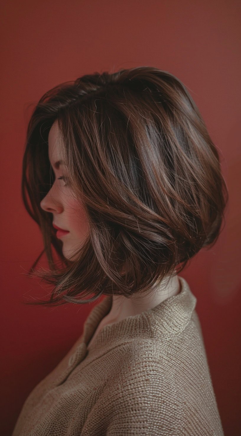 A woman with a soft middle-parted stacked lob (long bob) hairstyle is depicted in the photo.