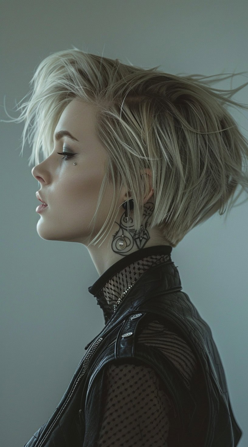 A woman with a textured stacked pixie bob hairstyle is depicted in the photo, showcasing its short and playful layers.