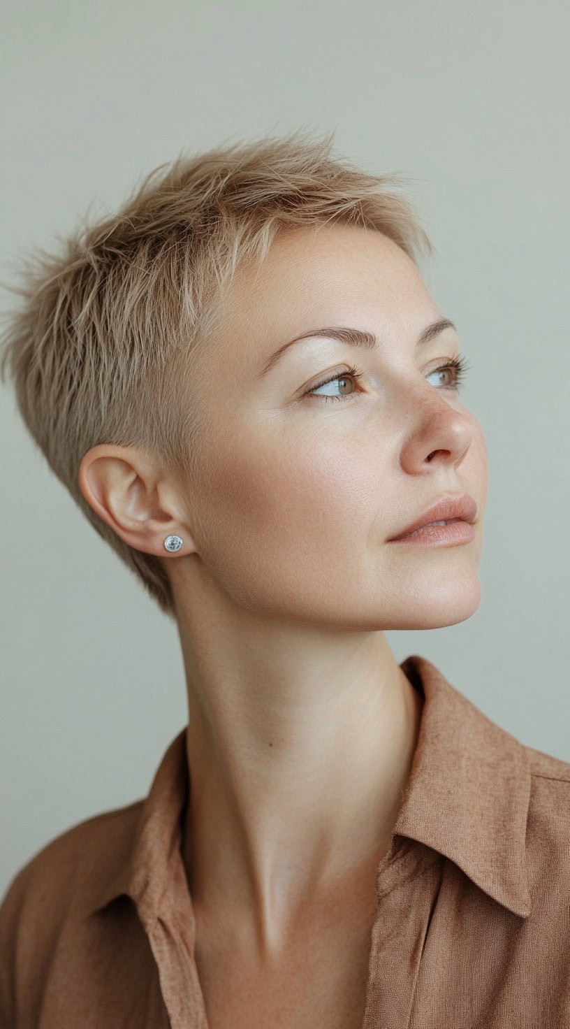 A woman with a tousled crop cut, styled with choppy layers for a casual, carefree look.