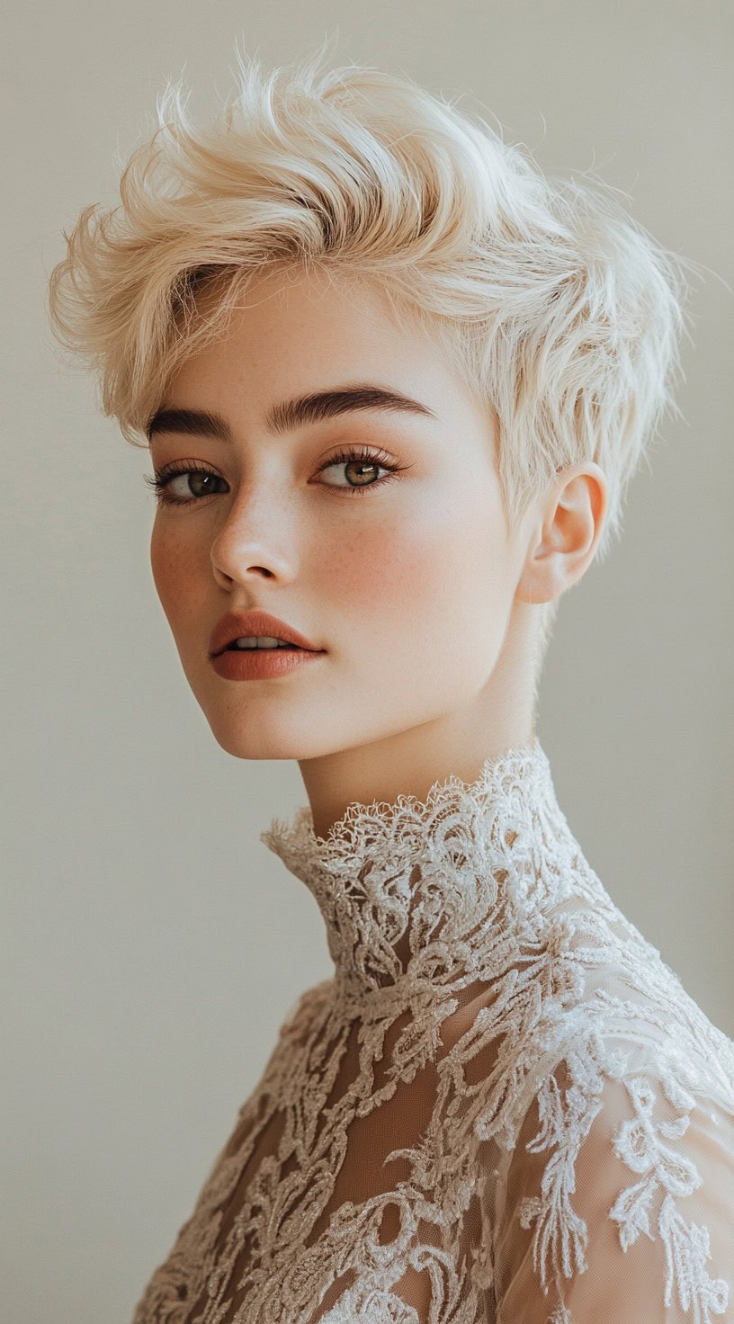 A woman with a tousled platinum pixie cut wearing a high-neck lace dress, giving an elegant and modern look.