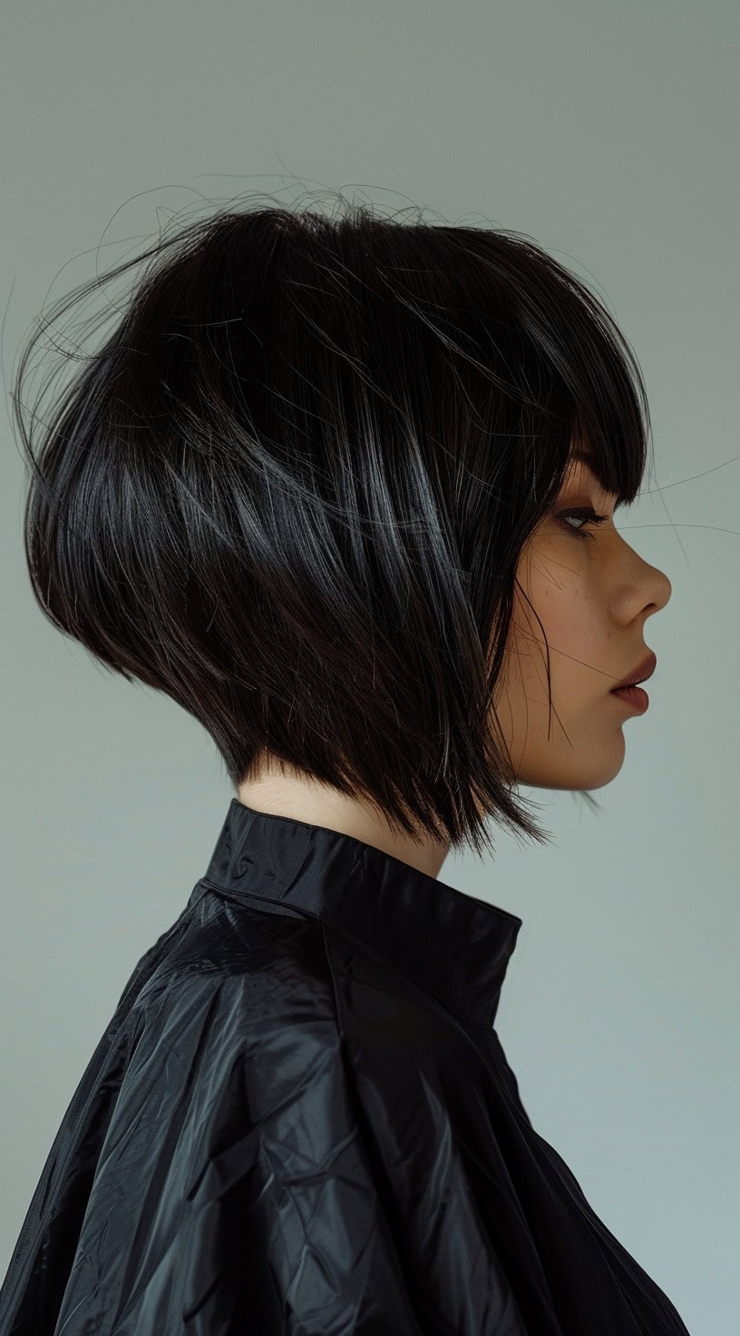 A woman with a tousled stacked bob hairstyle featuring blunt bangs is depicted in the photo.