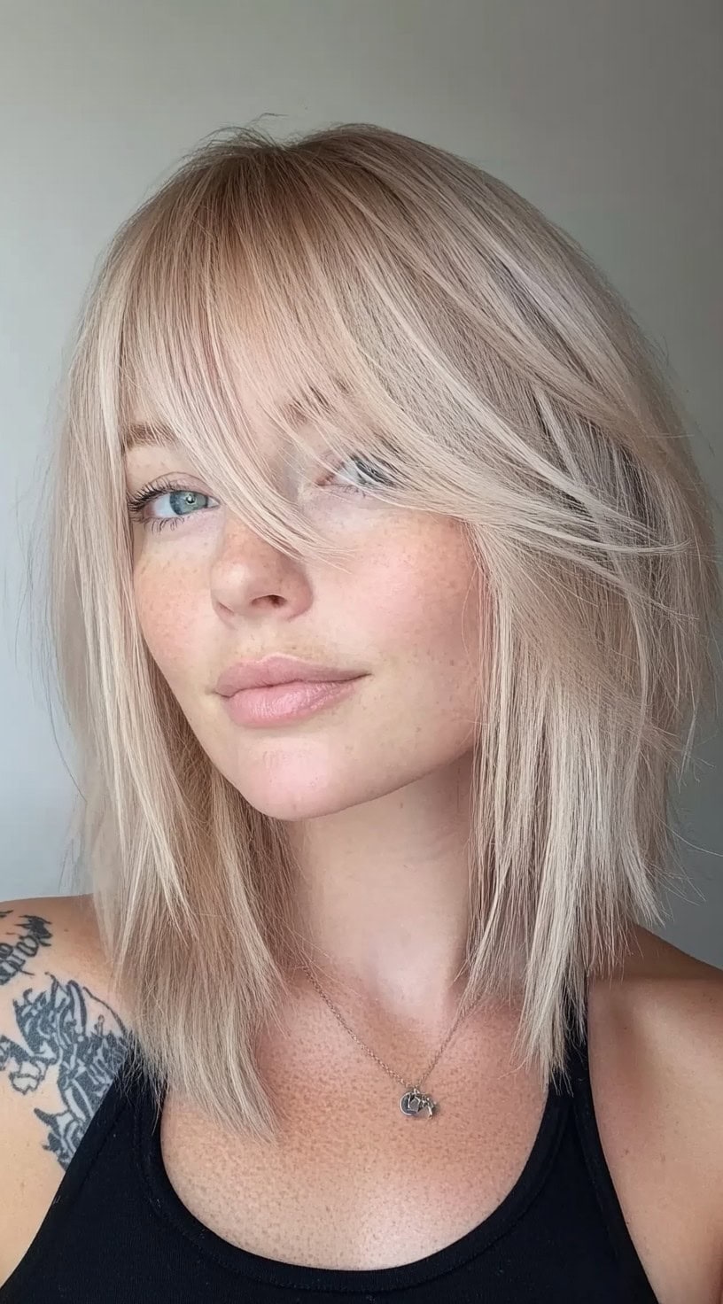 A woman with a wispy lob and face-framing layers that enhance her natural blonde tones.