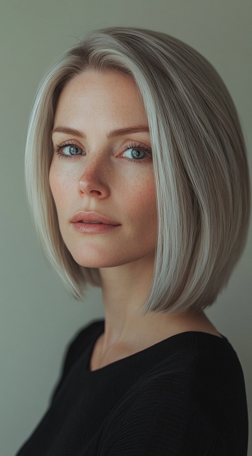 A woman with an ash blonde sleek bob styled to frame the face is shown.