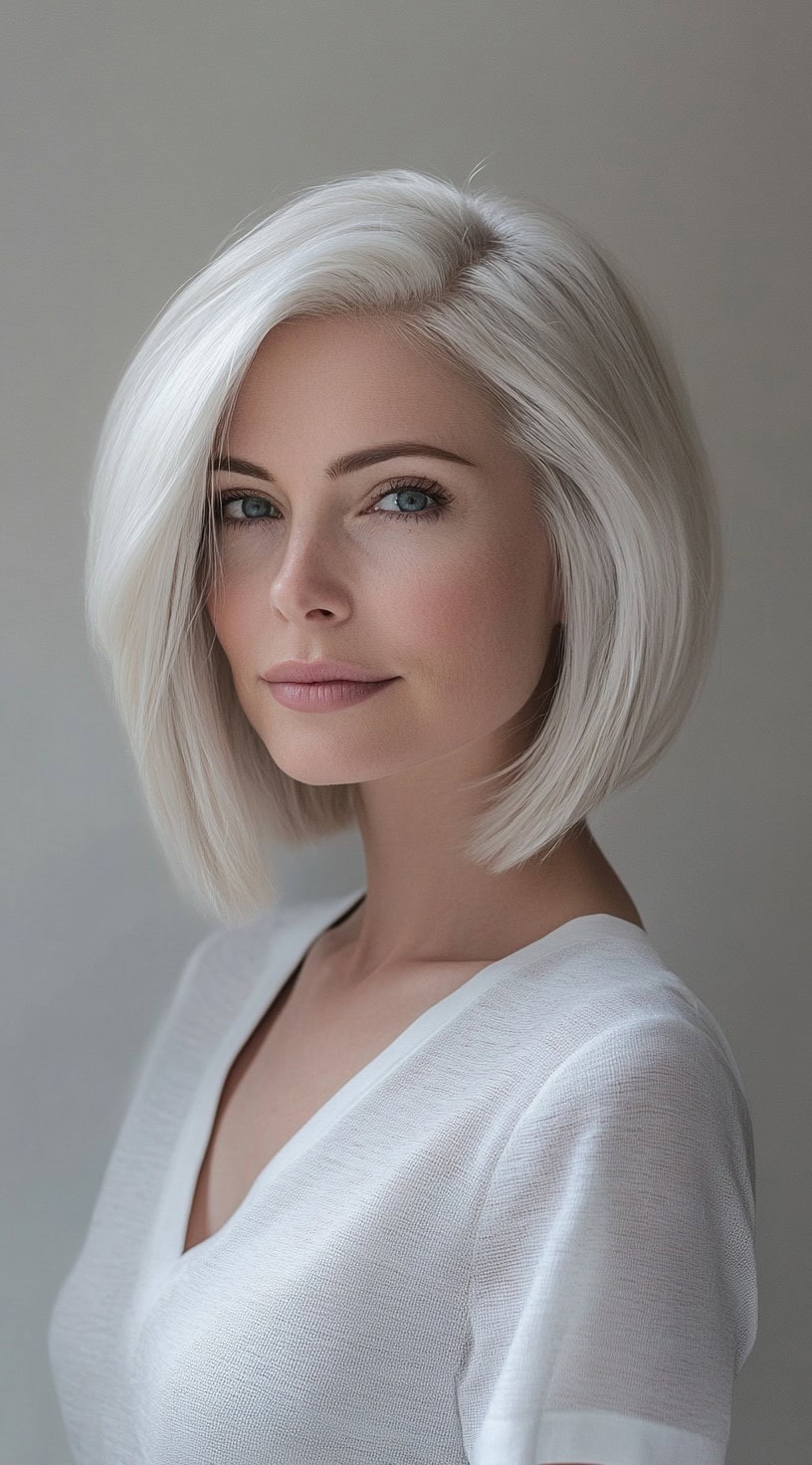 A woman with an icy blonde, sleek bob styled with a side part is shown.