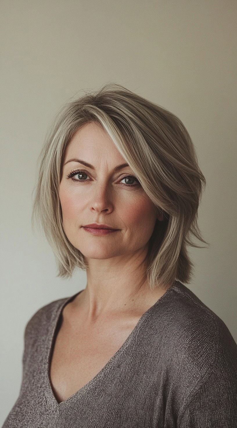 A woman with ash blonde, layered bob styled with subtle volume is shown.