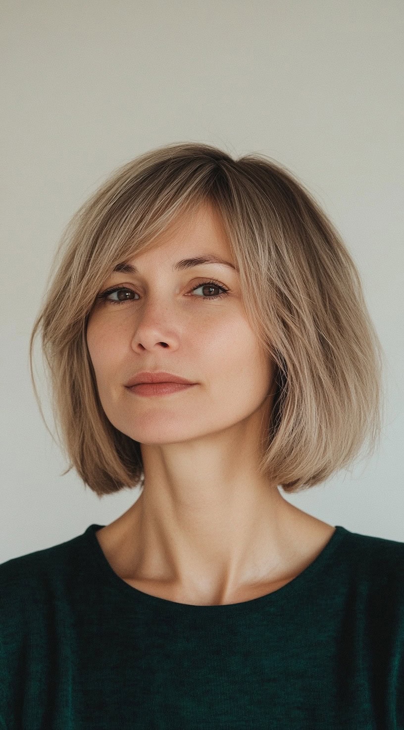 A woman with beige blonde hair styled in a bob with side-swept bangs is shown.