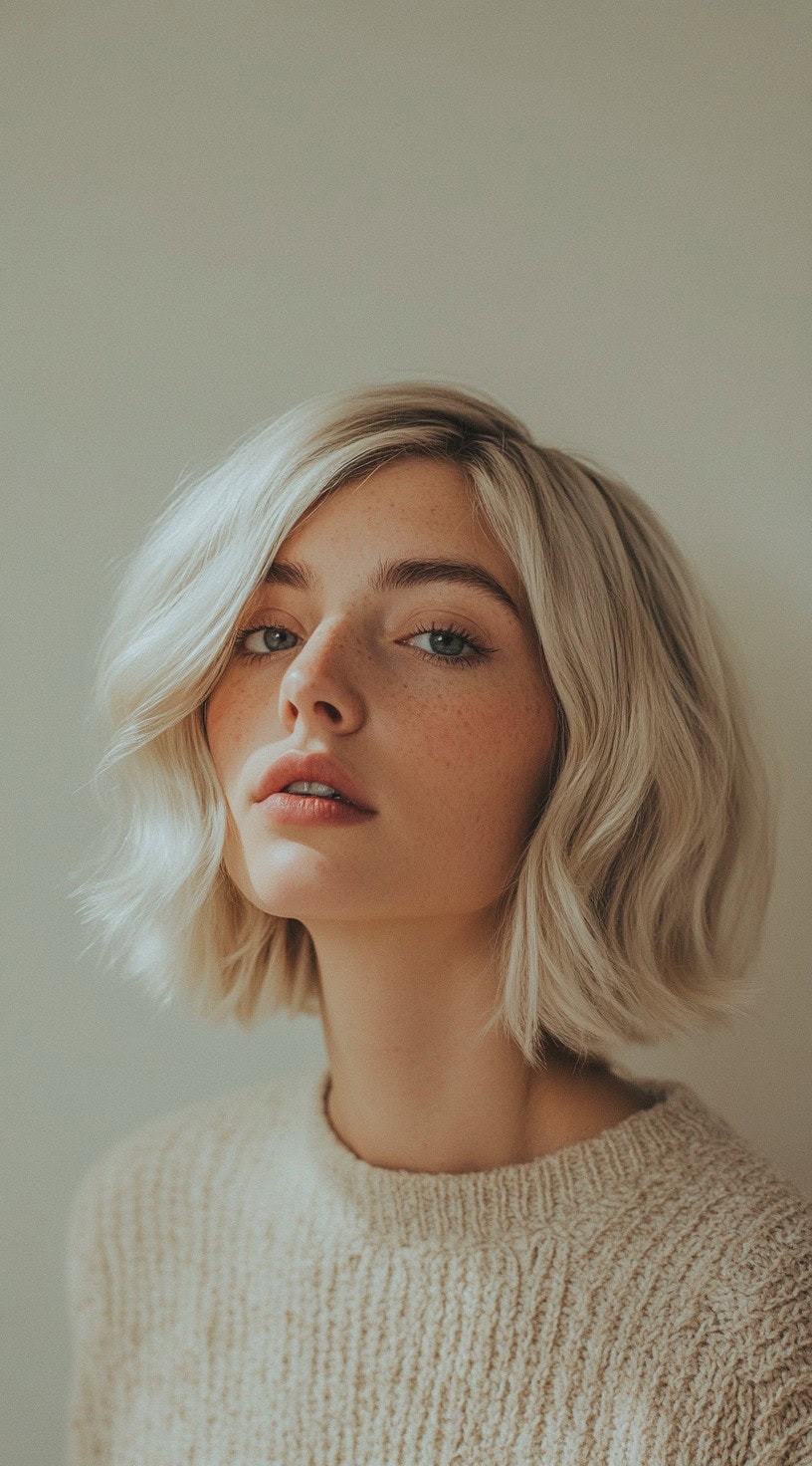 A woman with blonde hair styled in a tousled bob with slightly textured ends is shown.