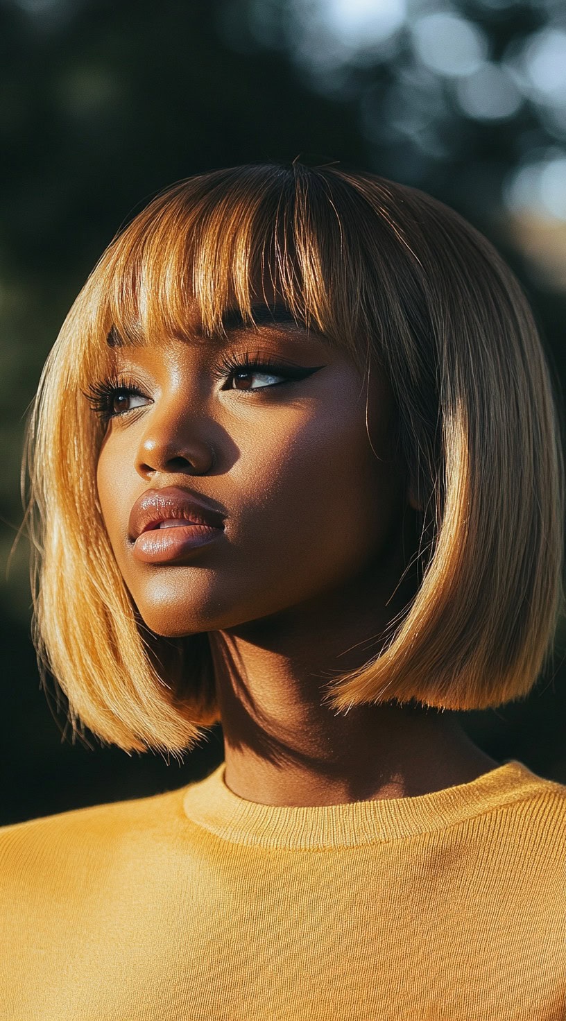 A woman with dark skin and a golden blonde bob with full bangs is shown.