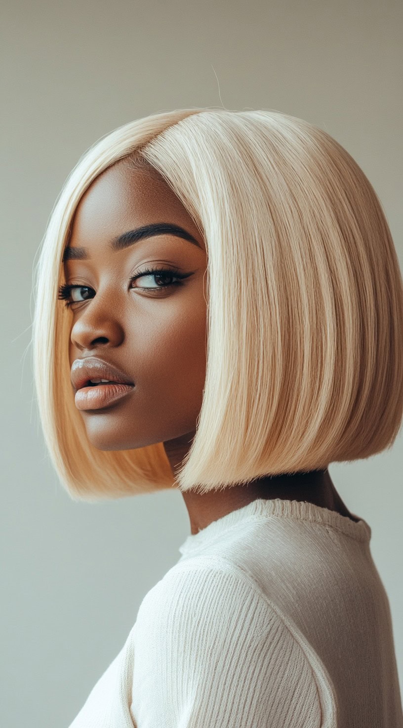 A woman with dark skin and a sleek, blunt-edged blonde bob is shown.