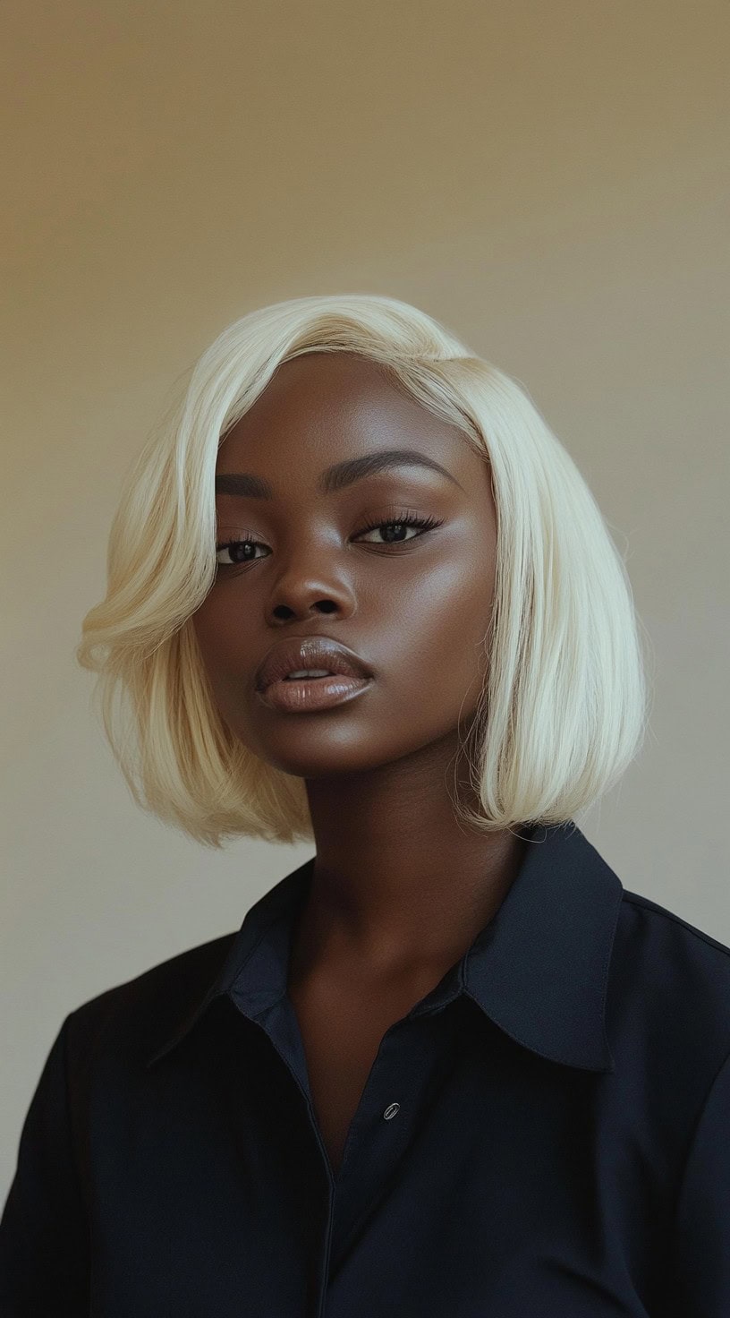 A woman with dark skin and a sleek, platinum blonde bob with subtle volume at the roots is shown.