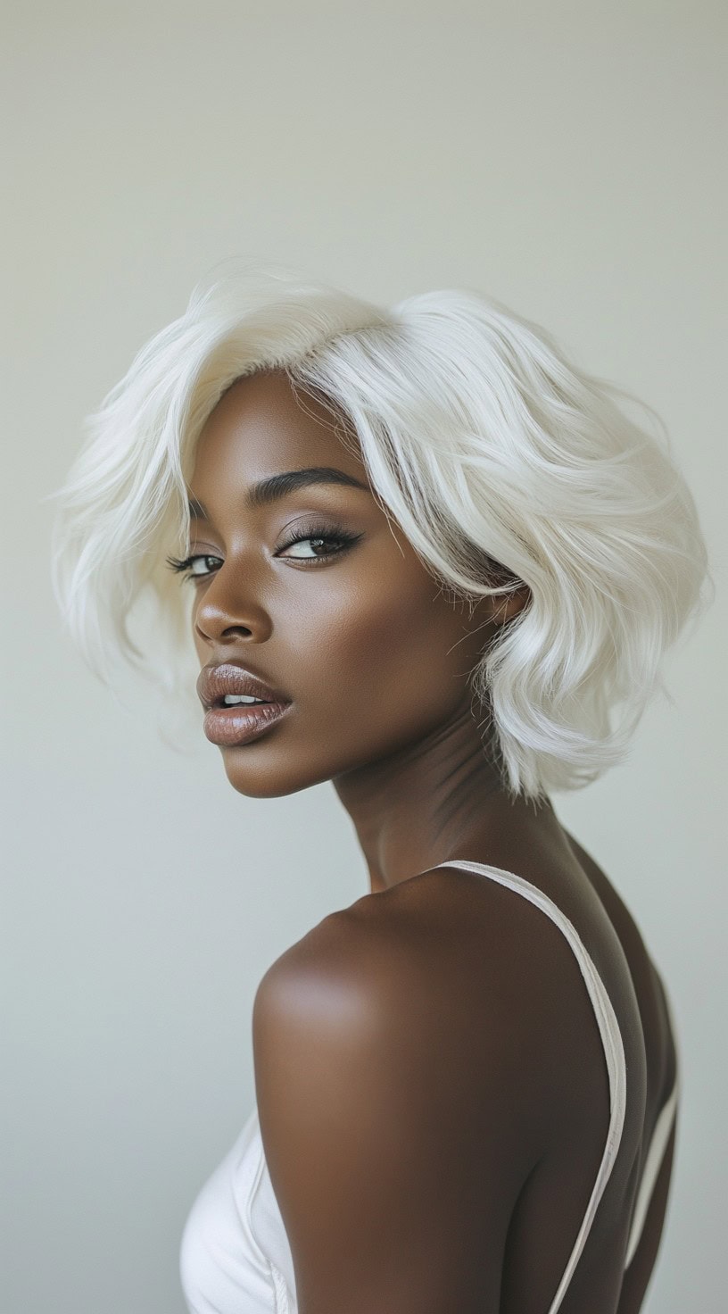 A woman with dark skin and a sleek, platinum bob parted on the side.