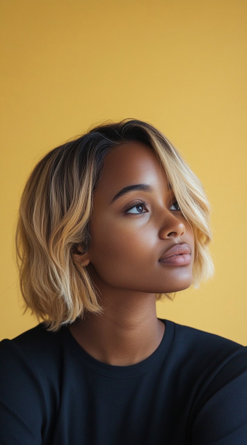 A woman with dark skin and a warm blonde bob with dark roots is shown.