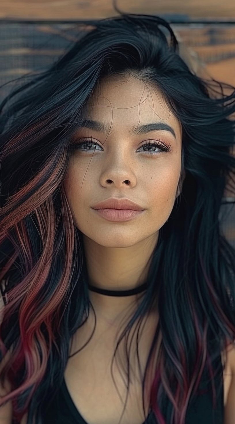 A woman with dark, wavy hair showing red and pink highlights underneath, enhancing her natural beauty.