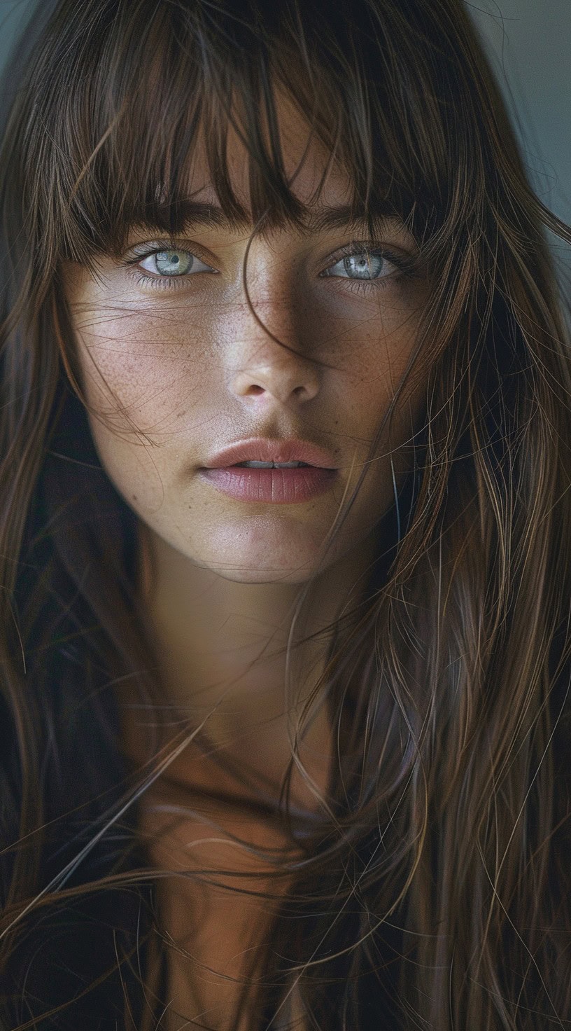 A woman with long, dark hair styled in soft layers with feathered bangs.