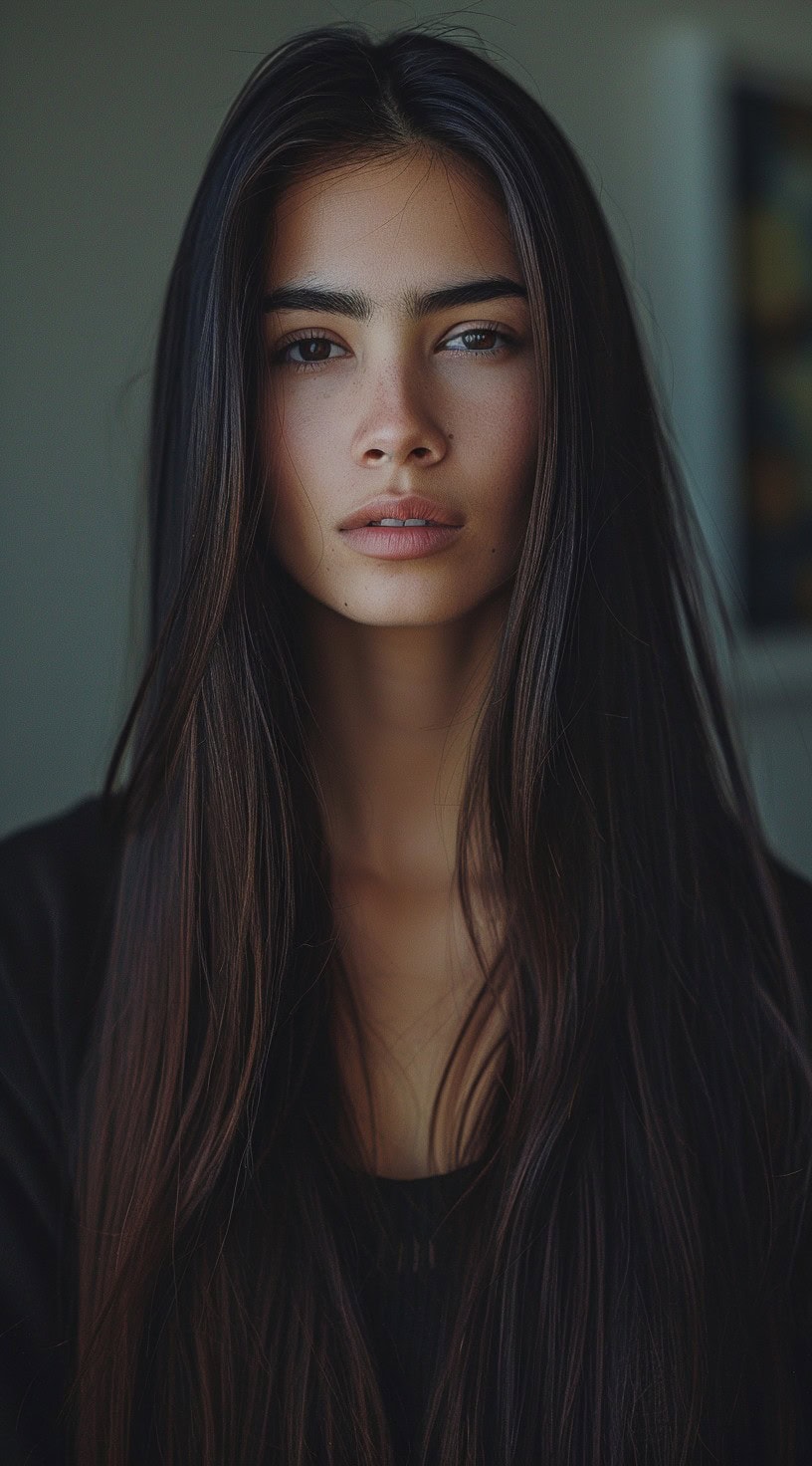 A woman with long, dark, sleek hair styled in layers.